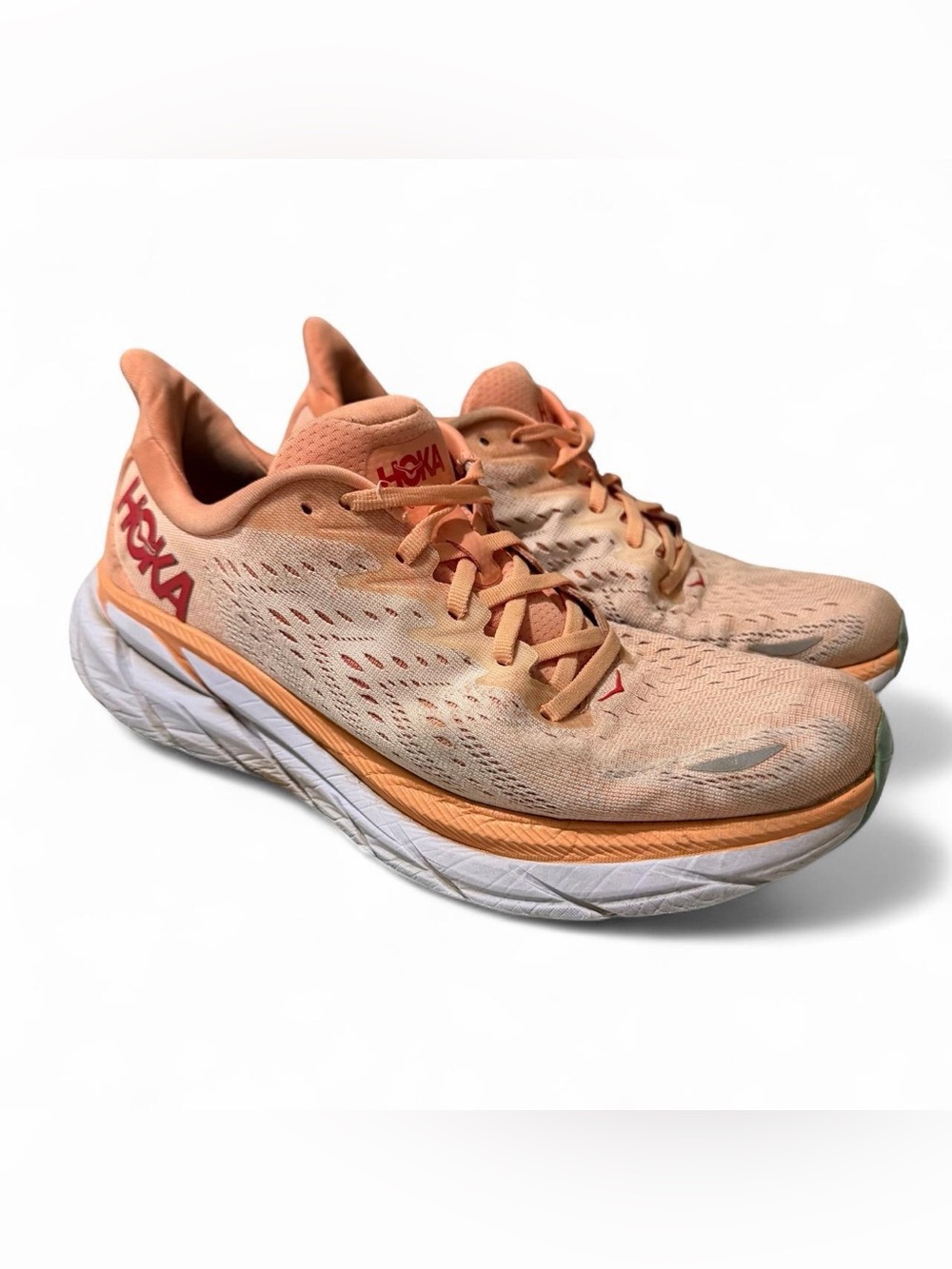 Women’s Hoka Clifton 8 Cantaloupe Coral Pink Running Shoes Size 10